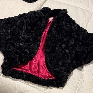 Chico’s Black Faux Fur Shrug with Pink Lining
